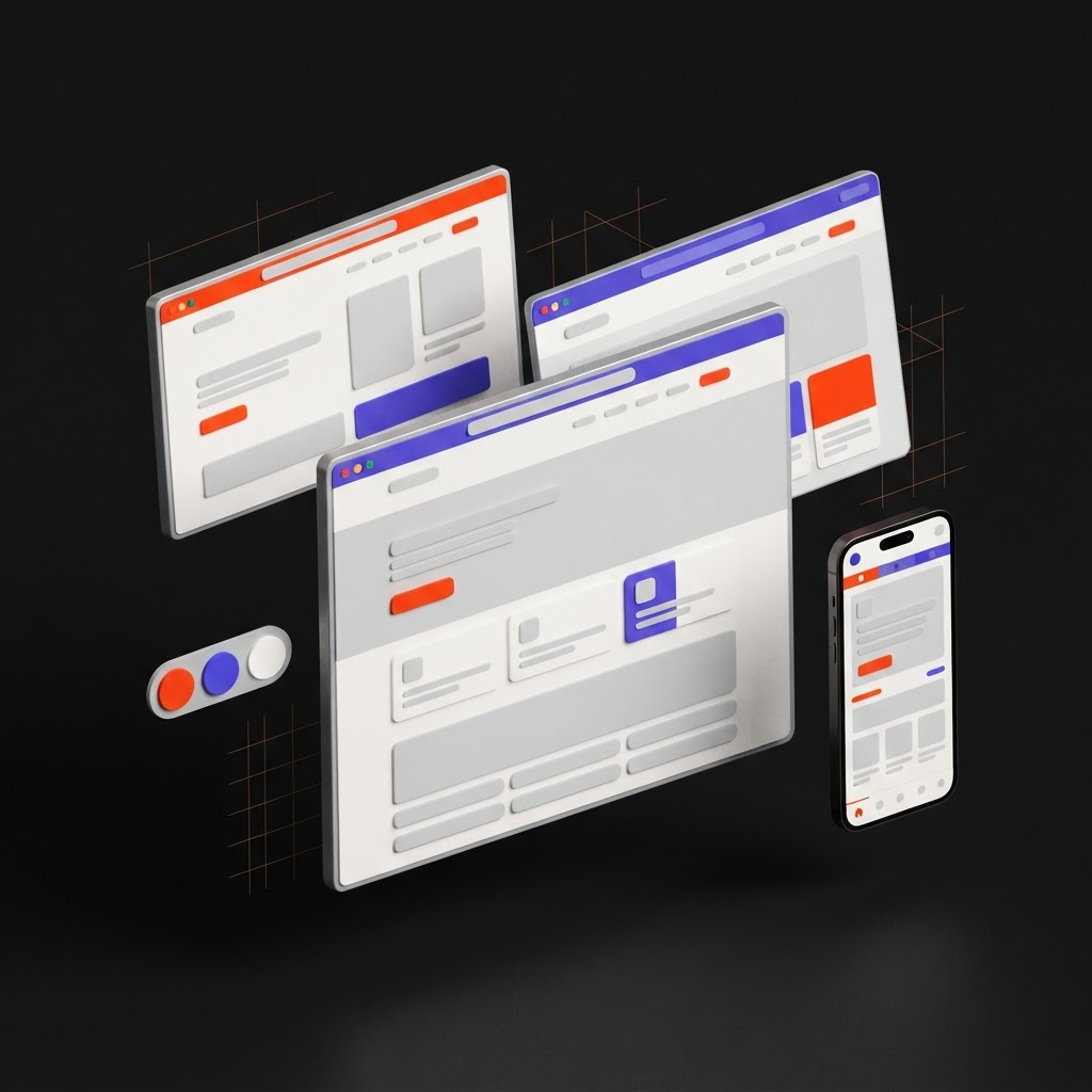 Illustration mehrerer Website-Entwürfe in Browser- und Smartphone-Ansicht